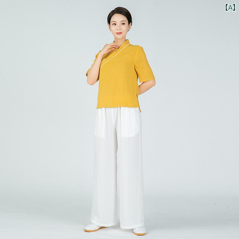 太極拳服 レディース 春夏 中袖 リネン 接触冷感 吸汗速乾 部屋着 ゆるめ ルーズ フィットネス ヨガウェア 練習着 カジュアル