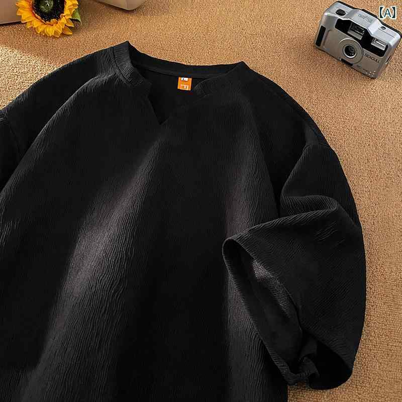 Tシャツ メンズ Vネック 短袖 接触冷感 ポリエステル 無地 ゆったり 半袖 トップス 夏 春夏 秋冬 通年 休闲 印花 幾何柄 免烫 ブラック ホワイト グレー 吸湿速乾 軽量 伸縮性