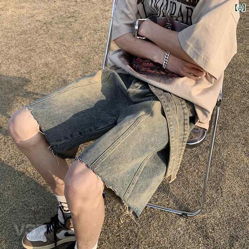 デニム ショーツ メンズ 夏 春夏 復古 ストリート 痞帅 潮 宽松 ワイドレッグ 五分丈 綿 微弾性 泥黄色 ブラック 通勤 普段使い アウトドア 軽量 通気性