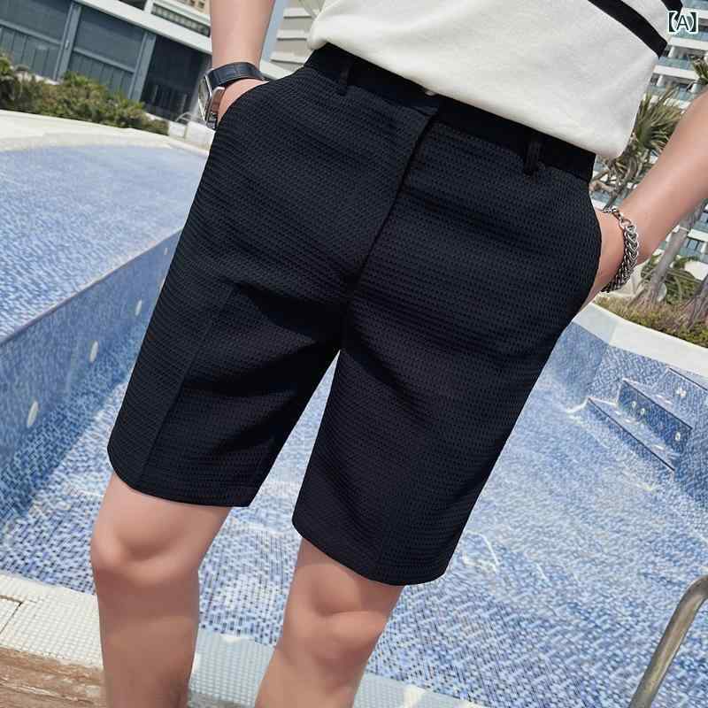 メンズ 短パン 夏 ハーフパンツ 男性用 修身 純色 ハバグリ チェック柄 ワイドシルエット ミッドライズ ストレートレッグ ポリエステル 微弾性 通気性 免烫 軽量 休日用 カジュアル 黒 白 ライトグリーン ブラウン 青少年向け
