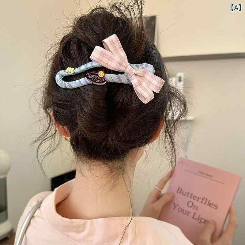 ヘアクリップ 女性用 かわいい 甘め スタイル チェック柄 蝶結び 切り替え ピンク ブルー 軽量 布製 後頭部 アップヘア ヘアアレンジ 多用途 ヘッドアクセサリー 春夏 デイリー コーデ