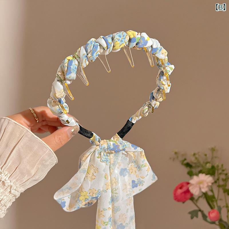 narukiのヘアアクセサリー 女性用 夏 田舎風 プリント リボン ギザギザ ヘアバンド 高め位置 編み込み 頭箍 かわいい 百搭 ポニーテール 花柄 布製 ピンク ブルー 接触冷感 軽量 清新 甘め 韓国風 植物モチーフ 花朵｜アングル2