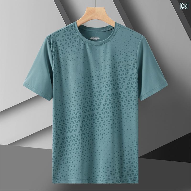 Tシャツ メンズ 短袖 春夏 速乾 接触冷感 透気 ナイロン 再生繊維 薄手 ルーズフィット 丸首 セットインスリーブ プリント ジオメトリック柄 無撫子処理 豆緑 ブラック ライトグレー ネイビー ダークグレー 運動 ストリート ユース カジュアル 日