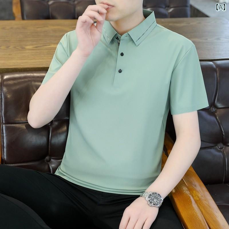 樂天商城 - ポロシャツ メンズ 夏 短袖 ビジネス 休闲 薄手 接触冷感 翻領 Tシャツ トップス 軽量 高弾性 免烫 合体型 純色 切り替え 草緑 軍緑 カーキ 深灰 ブラック 宴会 通勤 普段使い ニット 再生繊維 ニロン
