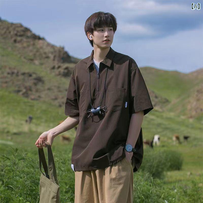 Rakuten - ポロシャツ メンズ 短袖 トップス シャツ Tシャツ ビッグシルエット ゆったり 夏 秋 接触冷感 ポリエステル 切り替え ジッパー 装飾 ブラウン ブラック カーキ 普段使い 通勤 カジュアル 軽量 吸湿速乾 伸縮性 日系 美式 復古 工装