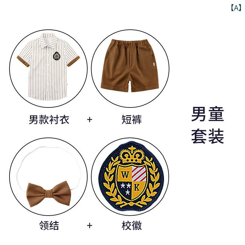 ・スタイル: アカデミー風・対象年齢: 中小童（3〜8歳、100〜140cm）・対象性別: 男女共用・前開き仕様: シングルブレスト・デザイン要素: スポーツ、セットアップ、ストライプ、親子・生地加工: 柔軟処理・主な素材: 綿 95%・安全基準: B類・フード: フードなし・セット内容: 2点セット（半袖、パンツ）・タイプ: 男子用、女子用・対応身長: 100cm、110cm、120cm、130cm、140cm、150cm、160cm、170cm、180cm、190cm・カテゴリ: 制服