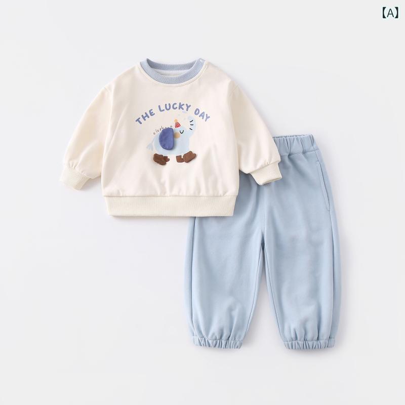 ・カテゴリ: キッズセットアップ・性別: 男の子向け・スタイル: カジュアル・セットタイプ: パンツセット・セット点数: 2点セット・対象年齢: 1〜3歳 (身長80〜100cm)・袖丈: 長袖・ズボン丈: ロング・生地加工: 柔軟加工・厚さ: 普通・柄: 動物、無地、キャラクター、アルファベット・要素: キャラクター、可愛い、プリント・主な素材: 綿85%、ポリエステル15%クラス・着脱方式: プルオーバー・サイズ展開: 73cm、80cm、90cm、100cm