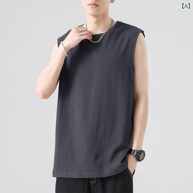 タンクトップ メンズ 夏 大きいサイズ 無袖Tシャツ トップス ゆったり 港風 インナー 運動用 薄手 ポリエステル 接触冷感 純色 直下摆 ホワイト ブラック ダークグレー レイクブルー