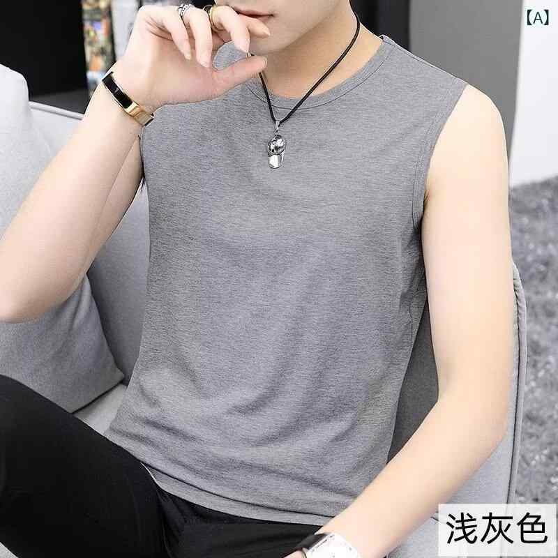 メンズ タンクトップ 無袖Tシャツ 背心 運動 フィットネス 速乾 接触冷感 薄手 綿ポリエステル 大きいサイズ ゆったり肩幅 丸首 直裾 夏用 グレー系 ブラック ネイビー ワインレッド 日常使い