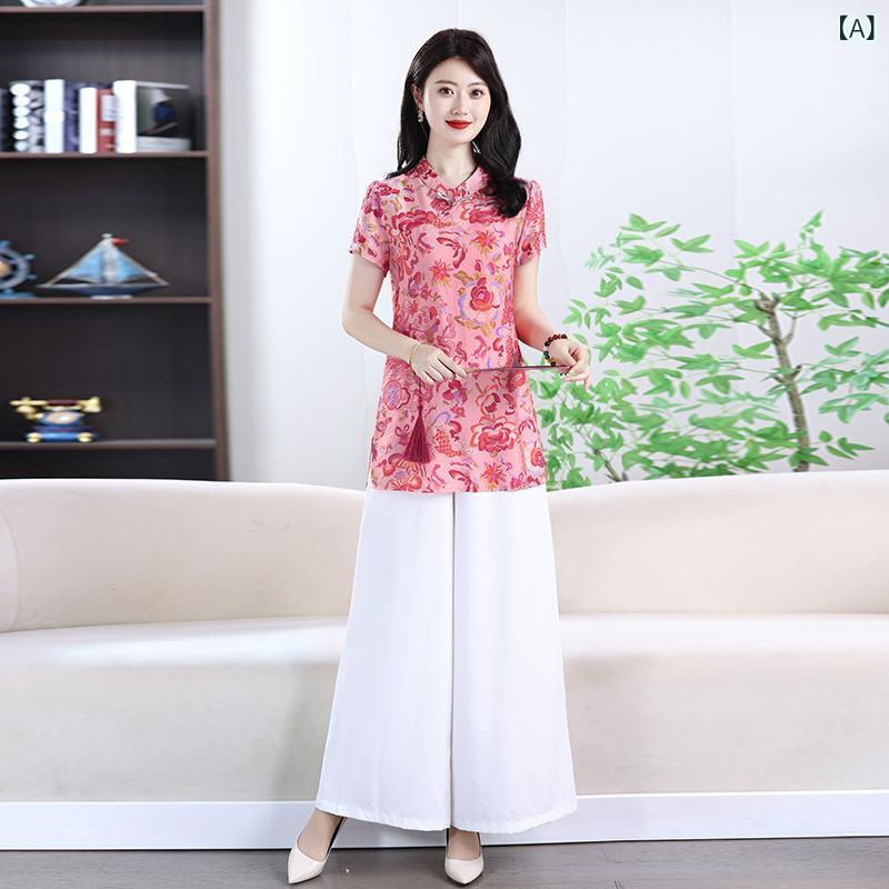 Rakuten - レディース トップス ワイドパンツ セット 花柄 プリント 植物柄 九分丈 夏 春夏 通勤 気質 快適 軽量 涤綿 ポリエステル 再生繊維 五分袖 赤 黄色 緑 赤系 黄色系 緑系 切り替え 気軽 普段使い セットアップ 女性用 花卉柄 花柄トップス ワ