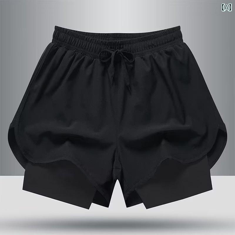 Rakuten - メンズ 短パン 運動 フィットネス ランニング マラソン 陸上競技 膝上丈 ワイドシルエット 速乾 吸湿速乾 薄手 ポリエステル 中腰 ドローストリング インナー付き 防走光 二重構造 直筒裾 微弾性 ブラック グレー 夏季 耐摩耗 耐裂け 通気性 軽量