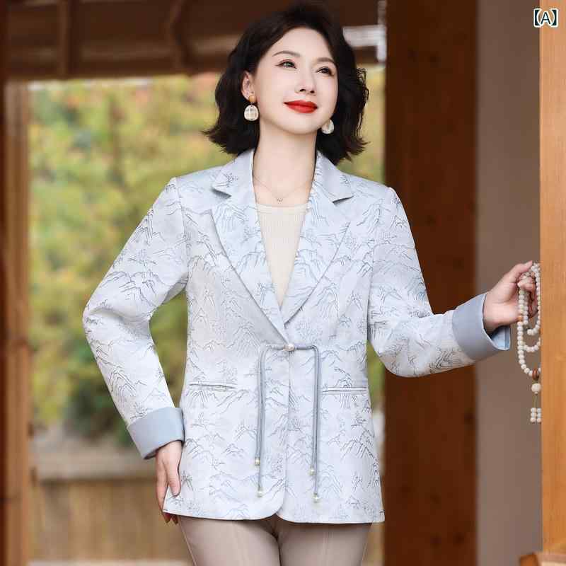 乐天商城 - ジャケット レディース 春秋 秋冬 春夏 中華風 刺繍 盤ボタン 小西服 母親服 ファッション スタイリッシュ ポリエステル 軽量 浅ブルー ベージュ XL XXL 3XL 4XL 5XL 切り替え