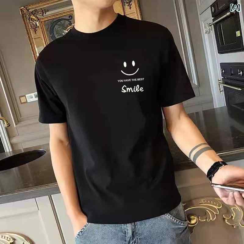 Rakuten - メンズ Tシャツ 短袖 修身 トップス プリント 韓国風 無地 薄手 涼しい 伸縮性 ポリエステル混紡 綿混紡 透気性 ラウンドネック 半袖 セットインスリーブ ビッグサイズ レギュラー ブラック ホワイト グレー 夏 春 秋 通勤 普段使い カジュアル