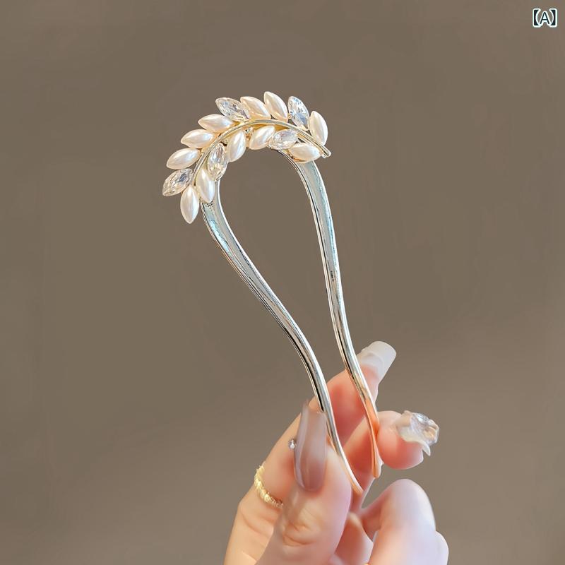 ・カテゴリ: ヘアアクセサリー・スタイル: レトロ・主な素材: 合金・加工: パール装飾・: 葉・流行要素: 花モチーフ簪・種類展開: U字型麦穂簪、U字型花簪