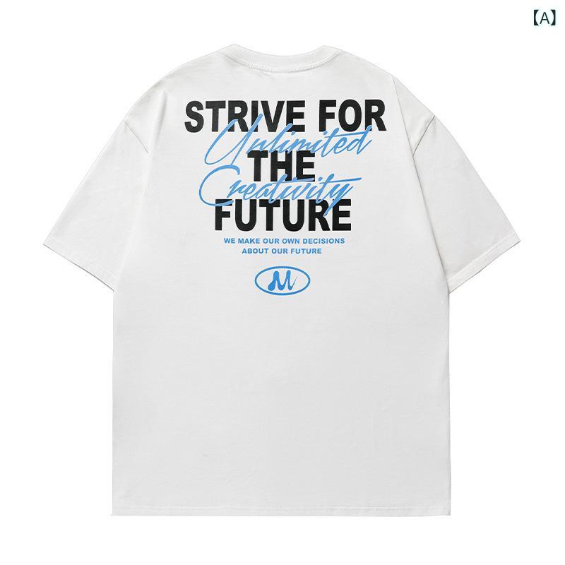 乐天商城 - Tシャツ メンズ レディース 半袖 丸首 ゆったり 綿100% バックプリント 撞色 字母柄 夏 休闲 カジュアル 白色 ブラック 桃色 ライトブルー パープル ストリートスタイル