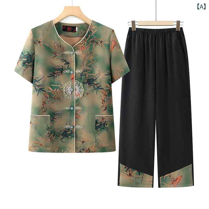 樂天商城 - 夏服 レディース シニア 女性用 セットアップ 短袖 トップス 九分パンツ 雪纺 涤纶 植物花柄 印花 緑 赤 薄手 開衫 普通丈 快適 休闲 春夏 2025年夏向け