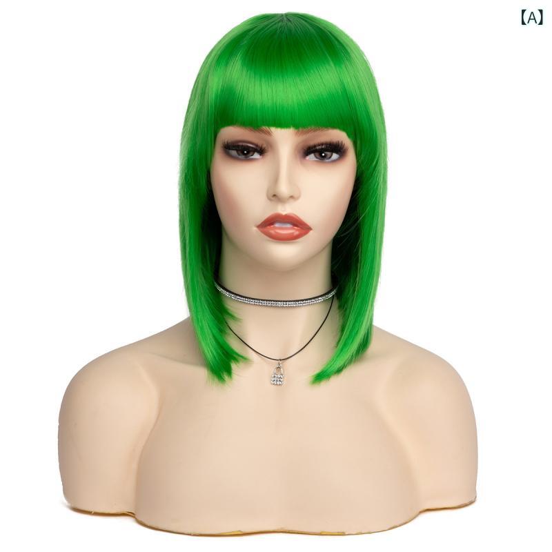 ・カテゴリ: ウィッグ（ショートストレート）・対象: ユニセックス・製法: マシンメイド・染髪・パーマ: 不可・毛髪素材: 耐熱ファイバー・適応肌色: すべての肌色・適応顔型: すべての顔型・前髪タイプ: ぱっつん前髪・カラー展開: エメラルドグリーン、ピンク、ブラック、ダークグリーン、ブラウン、ブルー、ピーチ、ダークバイオレット、シルバー、スカイブルー、オフホワイト、オレンジレッド