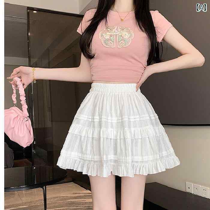 Rakuten - スカート 女性用 春夏 かわいい 木耳レース フリル 蛋糕 ハイウエスト スリム ミニ 半身スカート Aライン ショート丈 純色 ポリエステル 微弾性 切り替え 甘め 清新 スタイル 軽量 通勤 普段使い ブラック ホワイト