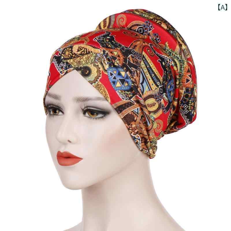 民族帽子 イスラム風 腰果花柄 頭巾帽 化療用 綿密 後頭部 スポンジ ディスク 髪包み 頭帽 女性用 夏用 接触冷感 ポリエステル 赤黒 紺色 Mサイズ 軽量 通気性 かわいい 普段使い