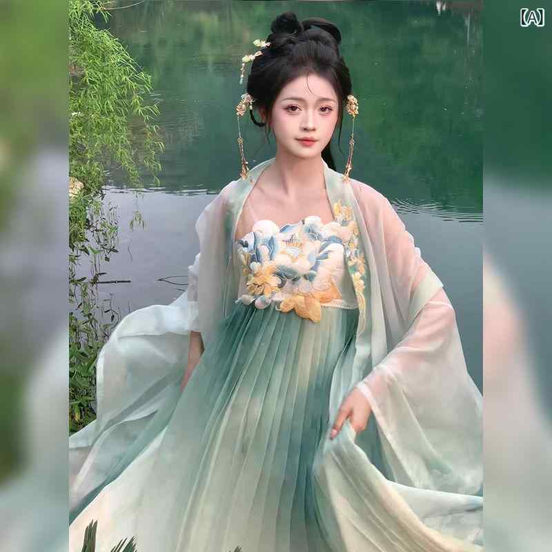 ・カテゴリ: 漢服・主な素材: 雪紡（シフォン）、再生繊維素繊維・カラー展開: ブルーセット、ピンクセット、ブルーワイドスリーブトップス（単品）、ピンクワイドスリーブトップス（単品）・サイズ展開: S、M、L、XL・職人技・加工: グラデーション染め・デザイン要素: リボン