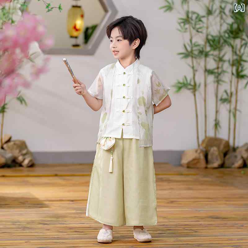 キッズ セットアップ チャイナドレス 男の子 女の子 ジュニア 唐装 漢服 半袖 薄手 伝統風 中国風 舞台衣装 発表会 幼稚園 保育園 お遊戯会 イベント お祭り 写真撮影 記念撮影 綿混 トップス パンツ