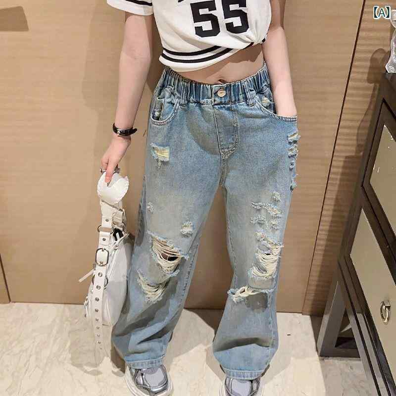 樂天商城 - 女児 キッズ レディース 夏季 夏 牛仔パンツ デニムパンツ 破洞 穴あき ワイドレッグ ロングパンツ 薄手 綿 コットン 柔らか素材 運動 スポーティ 韓流 韓国風 潮 トレンド セットアップ トップス付き ブルー ライトブルー 120cm〜170cm