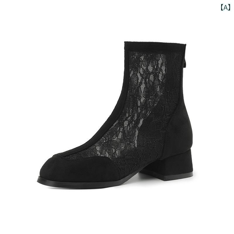 Western - サンダル レディース 透湿 短靴 メッシュ 女性用 スカート合わせ クロッシェット 厚中ヒール 方先 粗中跟 ブラック 黒 夏 春夏 秋 シンプル ミニマル 绒面 スエード 超纤 合成皮革 ラバーソール ゴム底 後ろジッパー 着脱簡単 軽量 通気性 伸縮