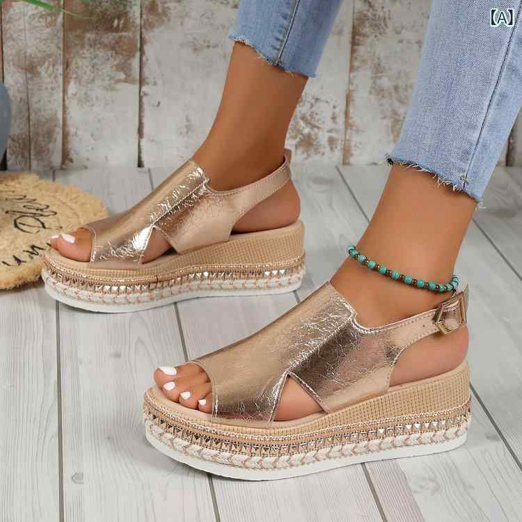 サンダル 女性用 大きいサイズ 魚嘴 バックル ストラップ ウェッジソール 厚底 メタリック ゴールド シルバー ブラック ホワイト ベージュ メタリックカラー 夏 春夏 プルエステル PU素材 ラバーソール 中丈ヒール 3-5cmヒール オープントゥ