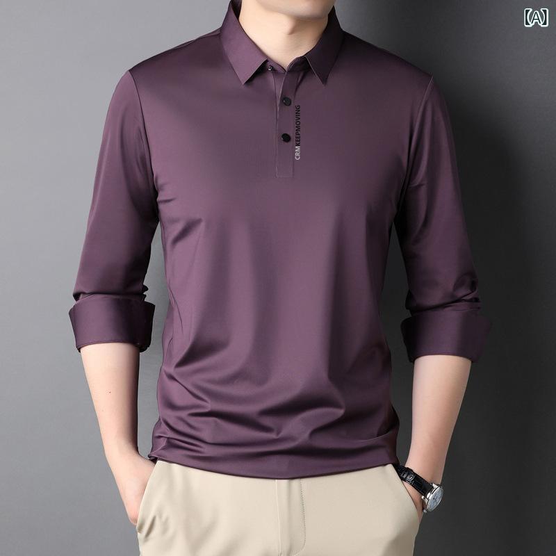 メンズ 長袖 POLOシャツ 接触冷感 薄手 無痕 翻領 ゆったりシルエット トップス トレンド 韓国風 透気性 春夏 秋 紫紅 墨緑 宝藍 ブラック レッド グレーグリーン ネイビー カーキ ボタン 無地 青少年 成人 普段使い レジャー