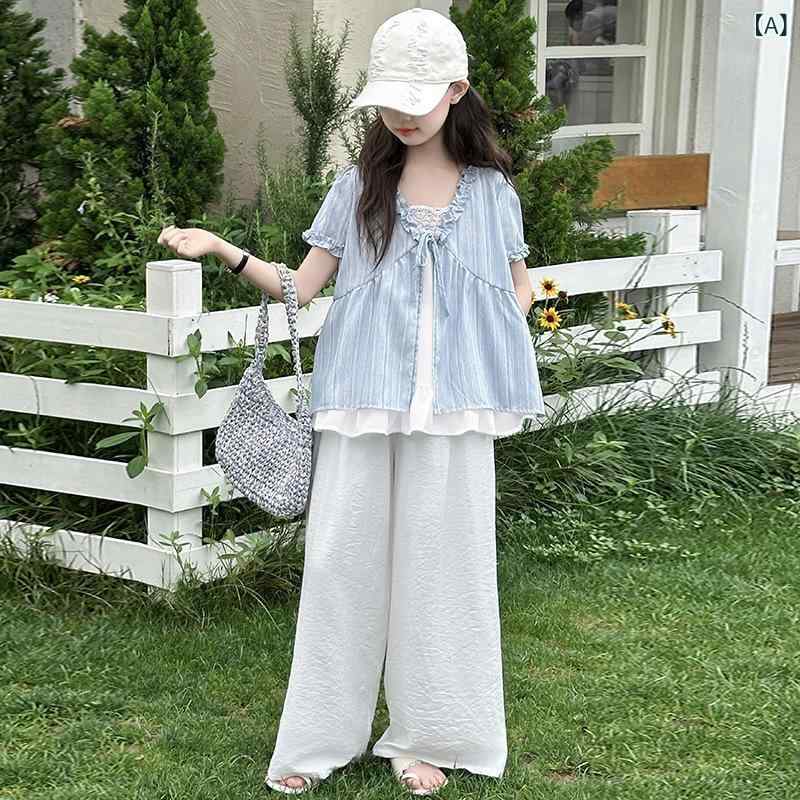 女児 トップス セット 夏 レディースキッズ 中大童 韓国風 セットアップ 短袖 偽ツーピース ルーズ ワイドパンツ 長ズボン 薄手 綿混紡 ポリエステル 柔らか素材 ソリッドカラー 無地 運動 トレンド 欧米風 カジュアル 普段使い 通学 120cm