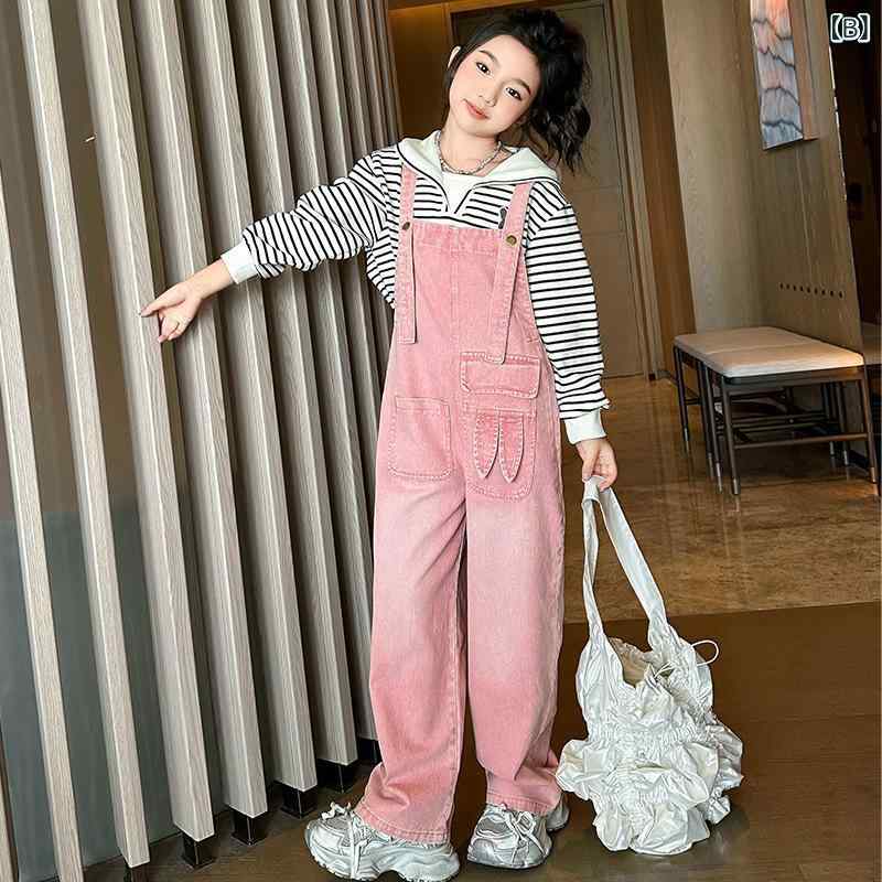 女児 キッズ 女の子 春秋 夏 デニム 背広ズボン 吊りズボン ワイドレッグパンツ 長...
