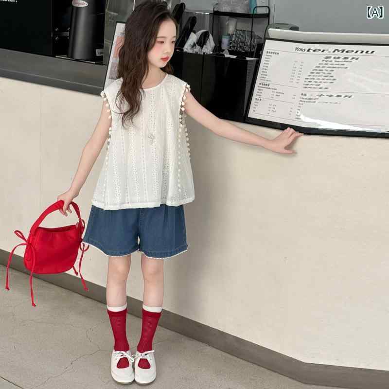 女児 無袖 背心 セット 夏 子供服 切り替え トップス デニム ショートパンツ 薄手 綿 素材 柔らかい 清涼 薄型 トップス 女の子 キャミソール キッズ セットアップ 休日着 動きやすい 通気性 吸湿速乾 120cm 130cm 140cm 150