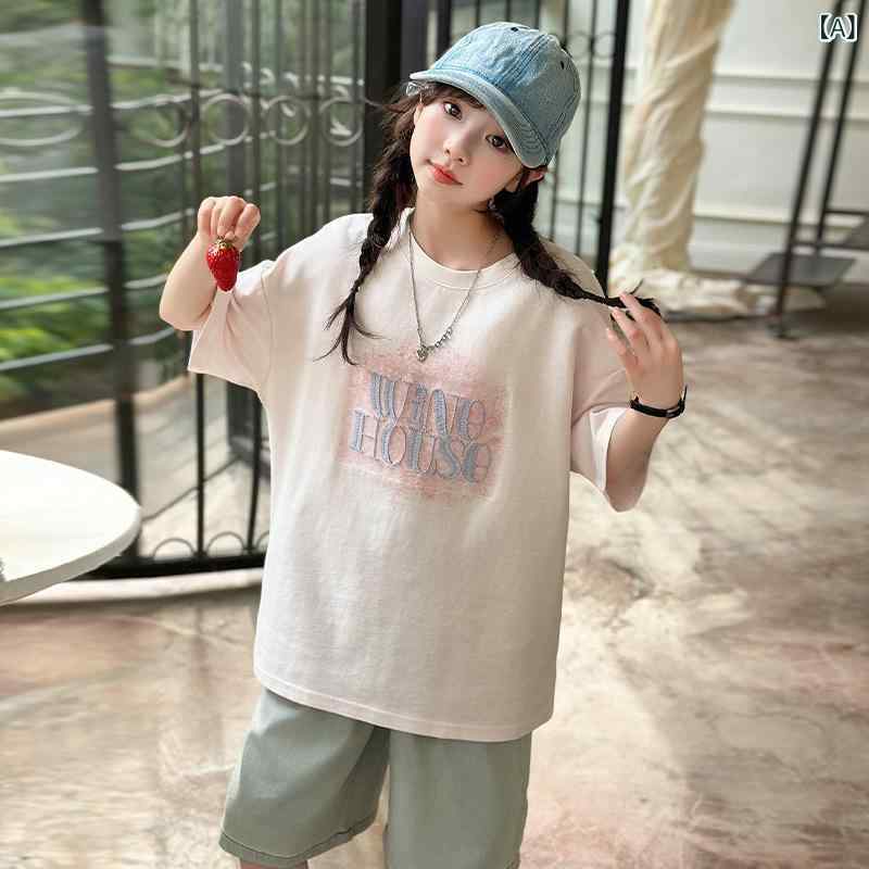 Occidental Goods - 女の子 キッズ レディース 夏 休闲 セットアップ 短袖 Tシャツ トップス 牛仔 中パンツ 5分丈 ズボン 2点セット 綿 薄手 柔らかい 加工 ピンク 杏色 かわいい 花柄 無地 運動 トレンド 欧美 スタイル 通学 普段使い