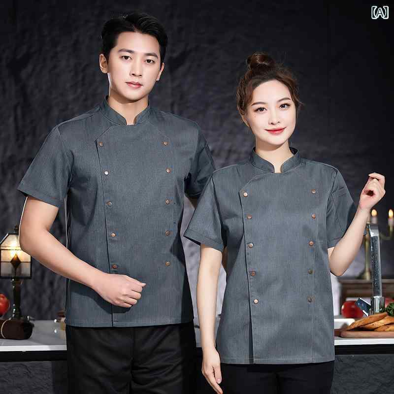 ・カテゴリ: 厨師服（コックコート）・性別: 男女兼用・主な素材: ポリエステル、綿・機能: 吸湿速乾・袖丈: 半袖・袖の形状: レギュラースリーブ・ネックライン: スタンドカラー（立襟）・カラー展開: グレー、ホワイト、ブラック・サイズ展開: M、L、XL、XXL、XXXL、4XL