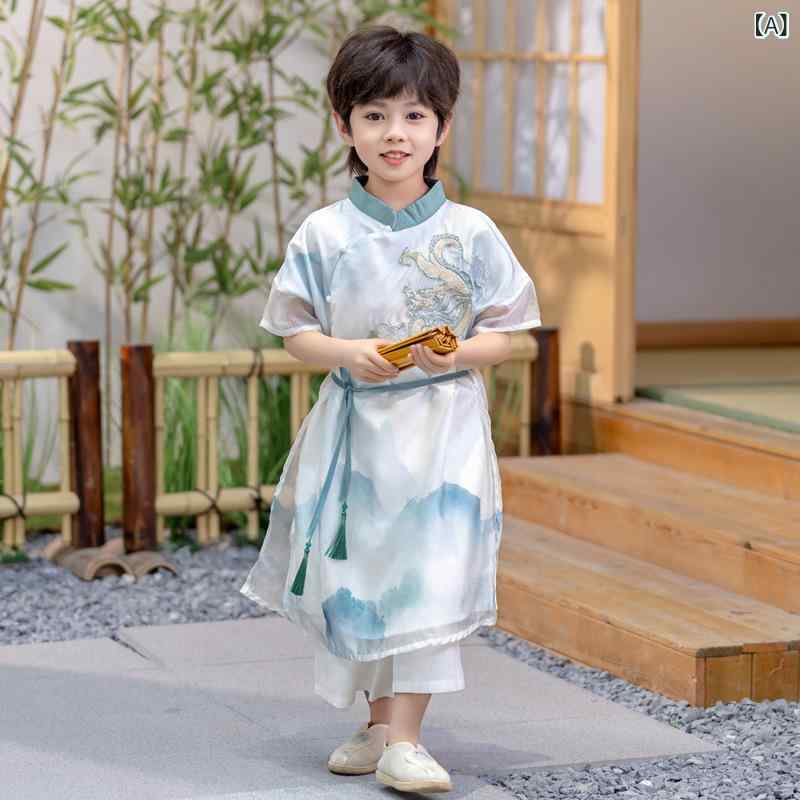 ・カテゴリ: 童旗袍、唐装、民族服装・スタイル: 中国風、唐装・柄: 動物・素材: 綿・素材工程: 柔軟処理・要素: セットアップ・対象性別: 男性・厚さ: 薄手・カラー展開: ローブ、ローブとパンツのセット・サイズ展開: 90cm、100cm、110cm、120cm、130cm、140cm、150cm、160cm・対象年齢: 3〜8歳（身長100〜140cm相当）