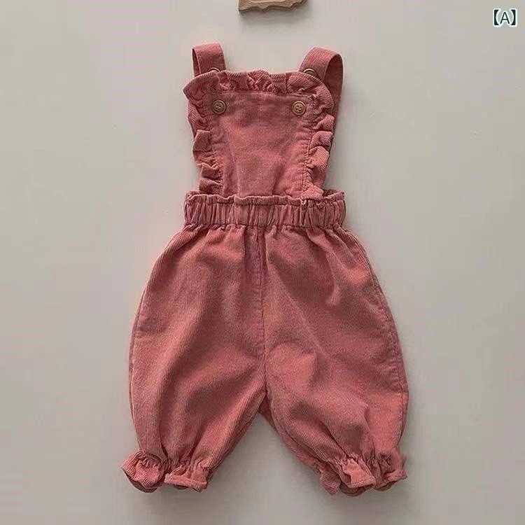 ・素材: コーデュロイ (綿95%)・対象年齢: 1〜3歳 (80〜100cm)・対象性別: 女の子・袖丈: ノースリーブ・厚さ: 普通・留め具: ダブルボタン・スタイル: 韓国・タイプ: カバーオール・カラー展開: ローズレッド、カーキ・サイズ展開: 66cm、73cm、80cm、90cm・カテゴリ: ロンパース、カバーオール