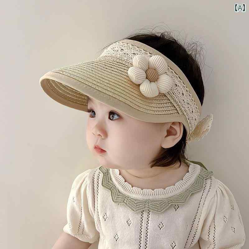 ベビー 帽子 女の子用 夏 空頂 麦わら帽子 かわいい 編み込み 子供 防晒 遮陽 透気...