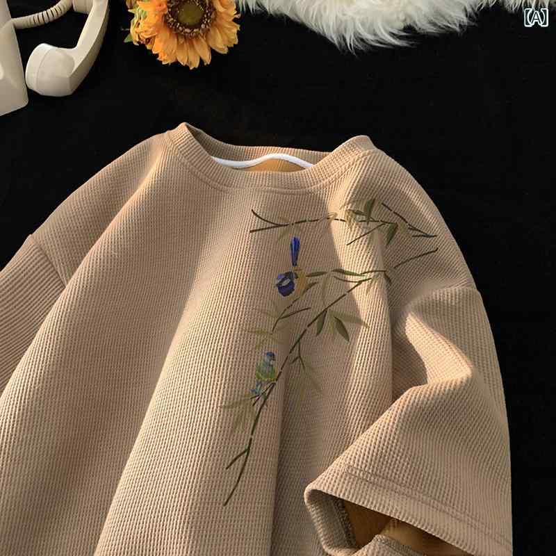 Tシャツ メンズ 短袖 国風 華夫格 竹葉柄 丸首 ワイドシルエット 化繊混紡 吸湿速乾 夏用 カジュアル トップス 印花 ブラック ホワイト ネイビー ベージュ 普段使い アウトドア
