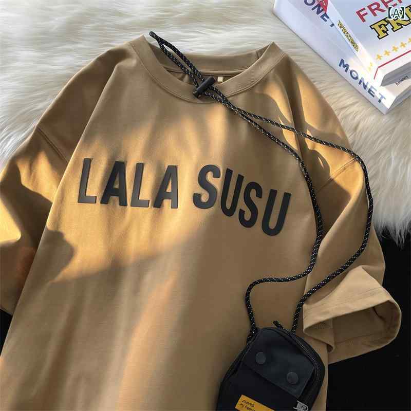 Rakuten - Tシャツ メンズ 男性用 半袖 短袖 五分袖 春夏 夏季 綿 コットン 混紡 ゆったり ルーズ ワイド 丸首 クルーネック 韓版 韓国スタイル 字母プリント ロゴ柄 休日 外出 普段使い 部屋着 カジュアル 無地 カラーバリエーション 驼色 酒色 紺色