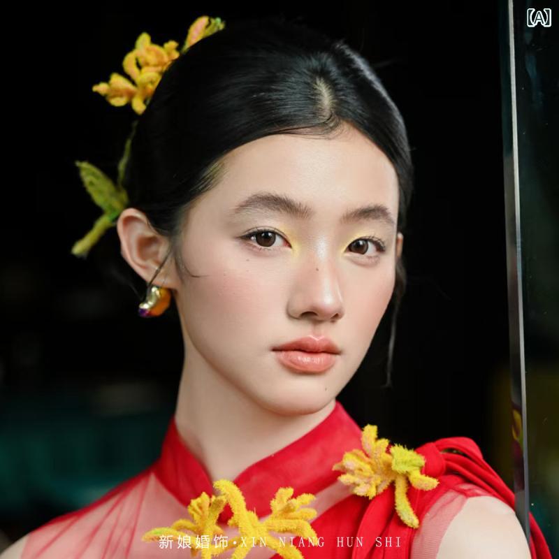 ヘアアクセサリー 女性用 黄色 花 彼岸花 発飾 発クラップ 手作り セット 2個 ニット素材 夏 ファッション 通勤 普段使い 軽量 かわいい 植物モチーフ