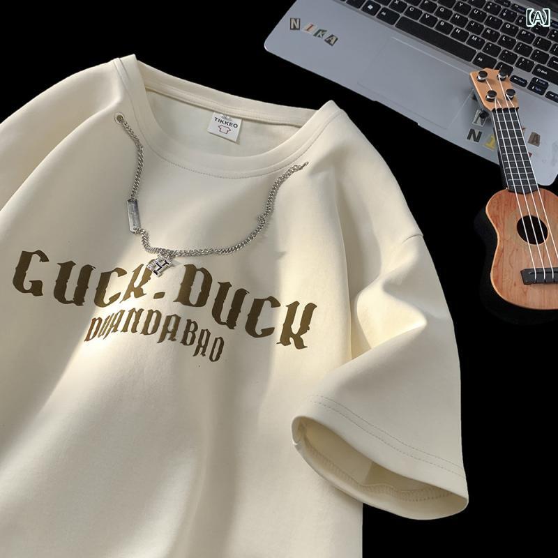 乐天商城 - Tシャツ メンズ 半袖 ビンテージ レトロ 綿混紡 丸首 ルーズフィット インナー トップス プリント 字母柄 杏色 ホワイト ダークグレー ブラック ワインレッド 夏 学生服 ストリート カジュアル 普段使い 吸湿速乾 軽量 伸縮性