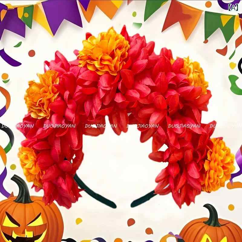 ヘアバンド 女性用 万寿菊 花 リアル 亡霊祭 ハロウィン クリスマス パーティー イベント 衣装 赤 緑 黄 青 紫 ピンク オレンジ 布 手作り 春夏 かわいい 華やか 花びら 植物モチーフ