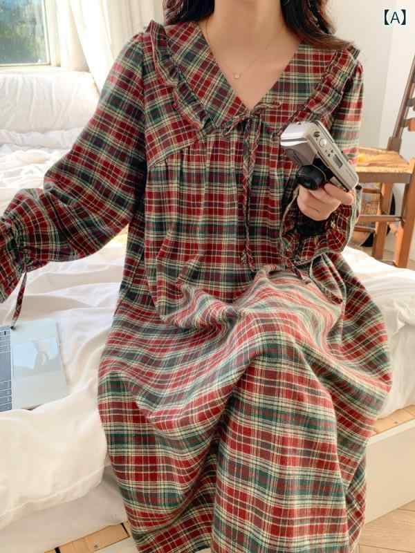 パジャマ カップル ペア レディース メンズ 春夏秋冬 長袖 部屋着 ルームウェア ワンピース チェック柄 衿付き 綿製 コットン 通気性 伸縮性 カジュアル ゆったり かわいい