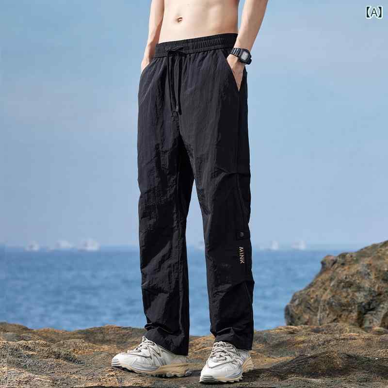Jumper, Blouson - メンズ 直筒パンツ 男性用 速乾 透気 接触冷感 薄手 竹繊維 ポリエステル 低腰 系紐 無弾性 直筒 長ズボン 夏 春夏 秋 黒 卡其 緑 日常 運動 休闲 カジュアル 軽量 吸湿速乾 機洗可 青年 18-24歳 韓版 ビッグシルエット ワイドレッグ