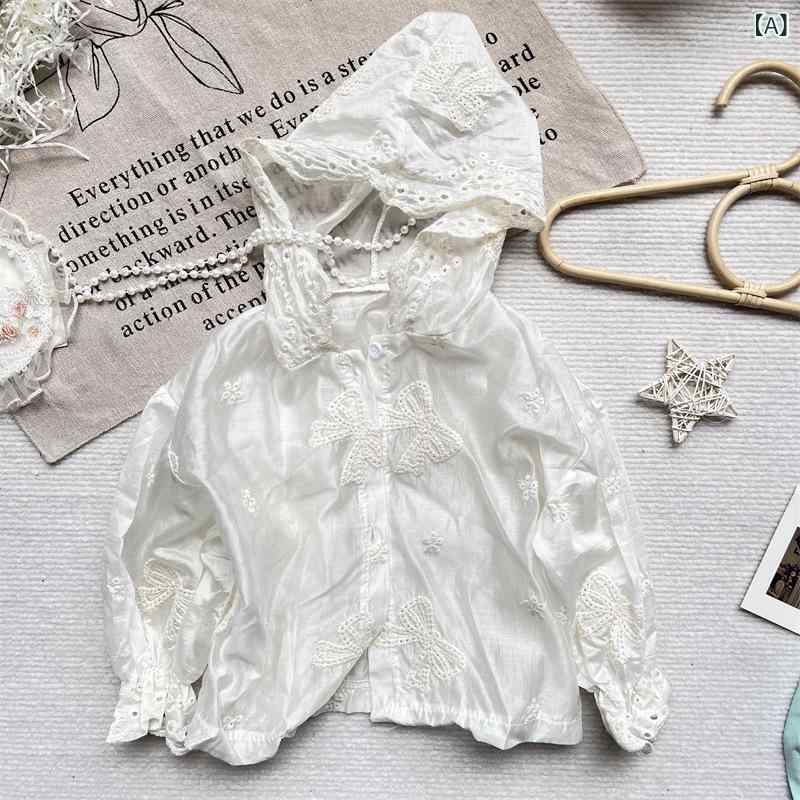女児 女の子 刺繍 連帽 防晒 外套 薄手 開衫 エアコンシャツ かわいい 杏色 透気 軽量 化繊混紡 ポリエステル 春夏 秋 室内 普段使い 3〜8歳 100〜140cm