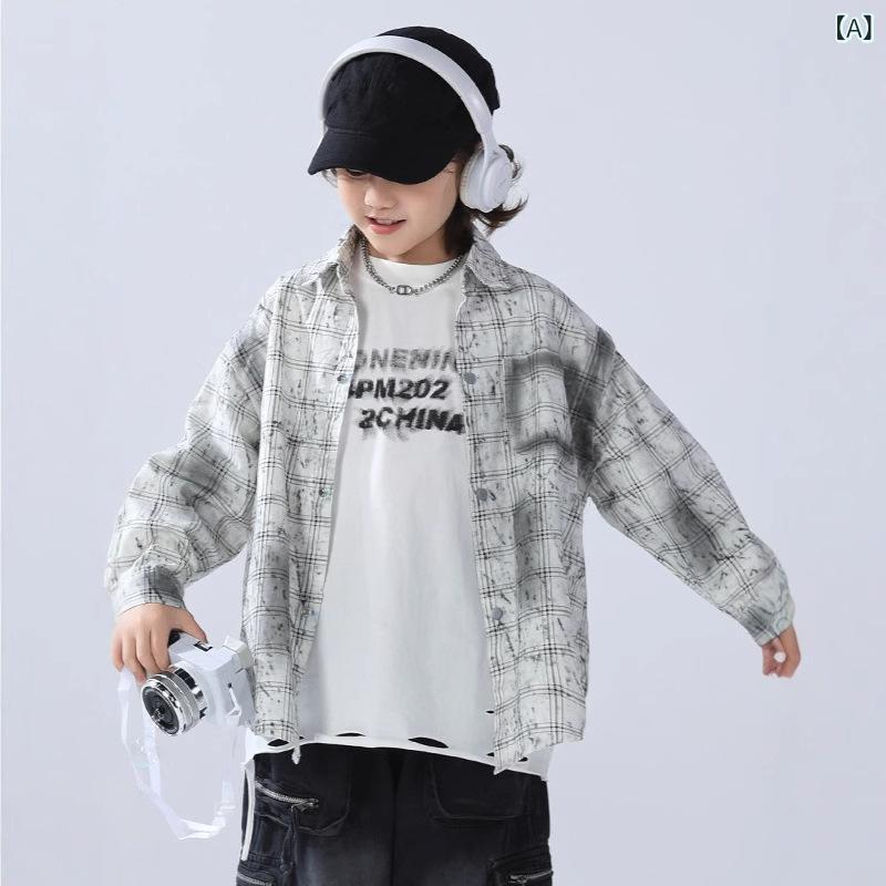 乐天商城 - 男児用 シャツ ジャケット コート トップス 長袖 春夏 綿 柔軟 格子柄 切り替え 街着 潮 グレー ライトグレー 中学生 大学生 120cm 130cm 140cm 150cm 160cm 170cm 伸縮性 通学 普段使い 軽量 普通厚