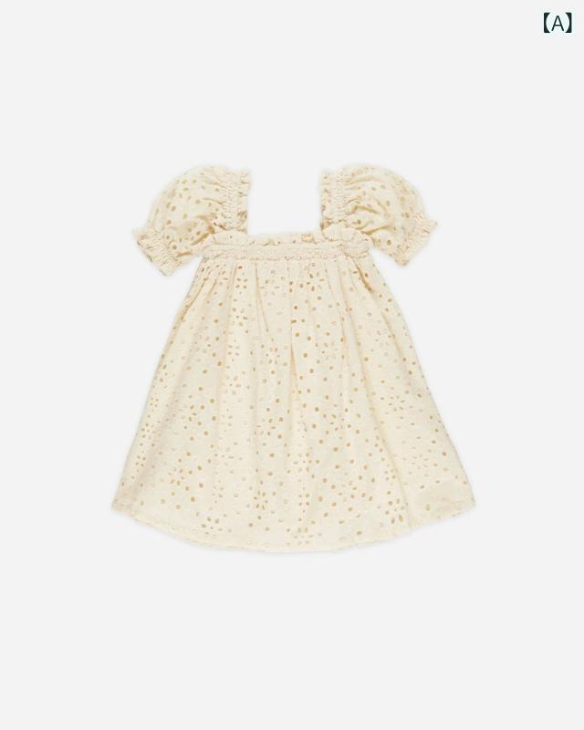 樂天商城 - 女の子 ワンピース 子供服 女児用 泡泡袖 切り替え 純色 A字スカート コットン混紡 ポリエステル 接触冷感 伸縮性 杏色 ブルー 春夏 夏用 通学 外出 かわいい ファッション 3〜8歳 中小童 軽量 基本款