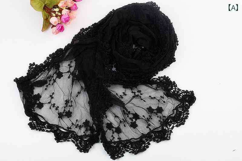 レディース 围巾 スカーフ 手钩編み 刺繍 レース 網布 花柄 デイジー柄 防晒 保暖 遮阳 夏用 ブラック 米白 純白 接触冷感 軽量 通勤 普段使い かわいい 森ガール 甘め プリンセス 田園 韓国風 清新 甘美 ナイロン 植物モチーフ フェミニン