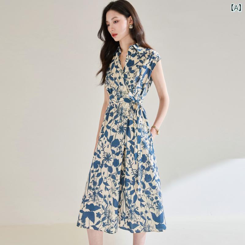 乐天商城 - ワンピース レディース 春夏 綿 接触冷感 Aライン ロング丈 ハイウエスト Vネック 短袖 収腰 花柄 植物柄 印花 切り替え 修身 かわいい 通勤 通勤風 気質 普段使い 軽量 伸縮性 吸湿速乾 花色 ブラウスカラー ピンク系 ブルー系 アイボリー