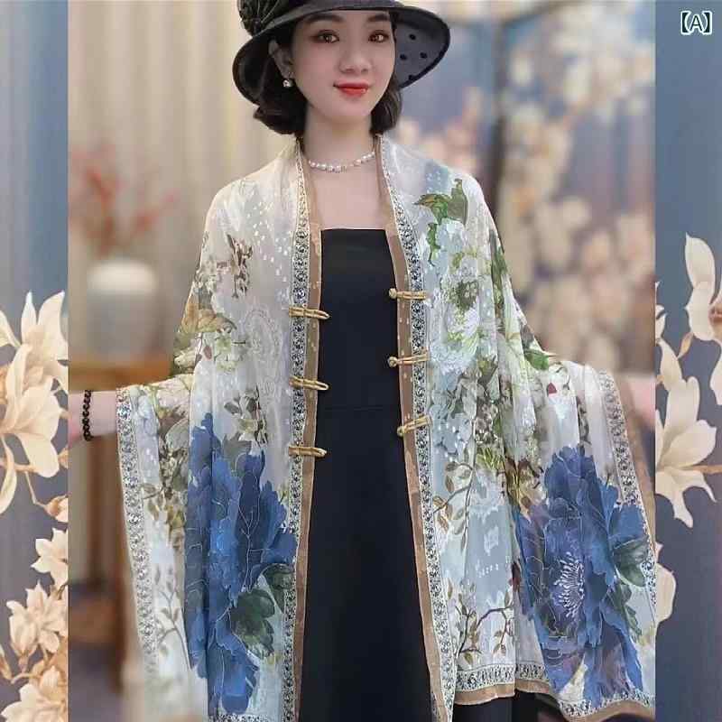 樂天商城 - ショール レディース チャイナドレス風 盤ボタン 切り替え 花柄 接触冷感 夏 春夏 秋 シルク調 軽量 UVカット 旅行 普段使い かわいい 花卉 刺繍 スカーフ ストール マルチウェイ